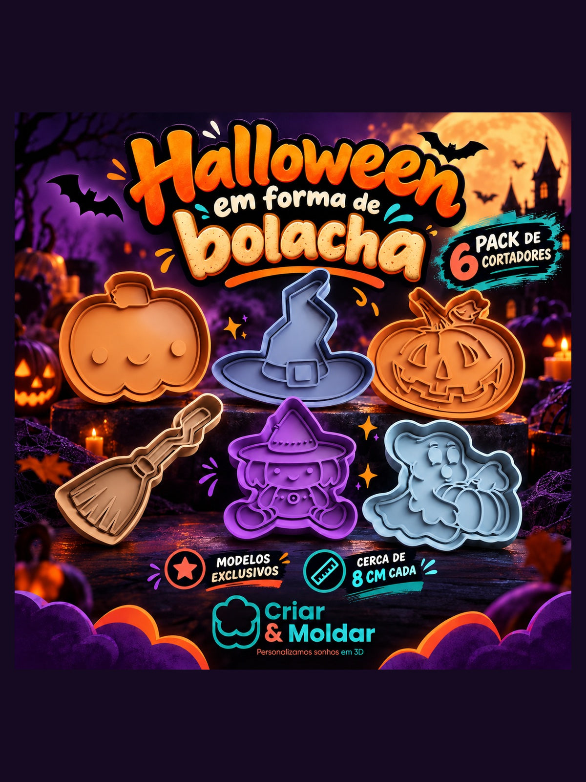 Pack Halloween em forma de bolacha com 6 cortadores de bolachas