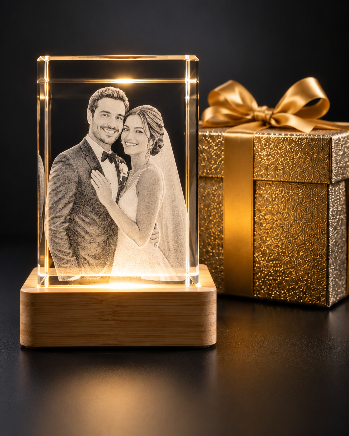 Cristal gravado com fotografia e base LED