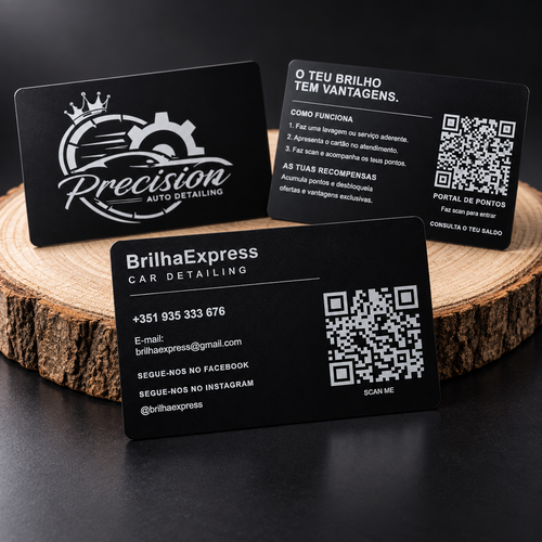 Cartões Black Metal premium personalizados com QR code e gravação UV