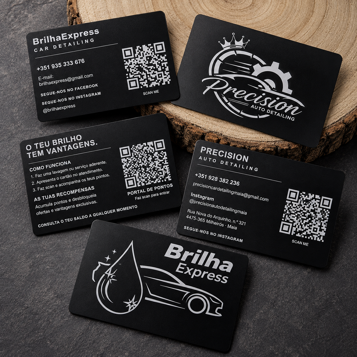 Conjunto de cartões Black Metal premium com logótipos, QR codes e informação de negócio