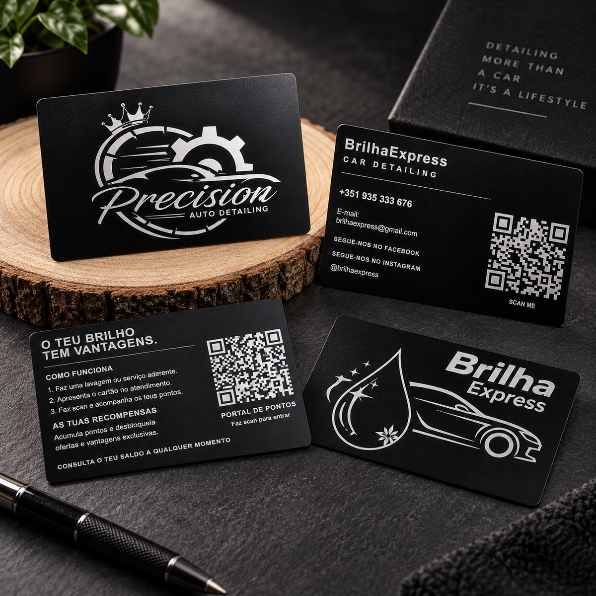 Cartões Black Metal premium gravados a laser UV para negócio e fidelização