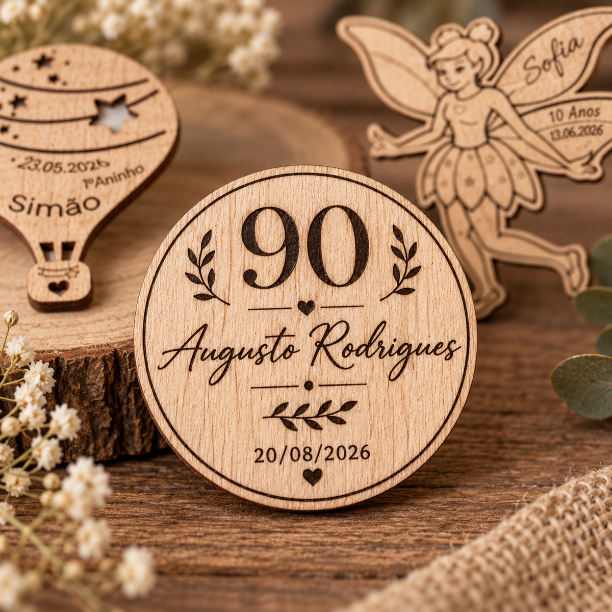 Íman MDF personalizado redondo para aniversário