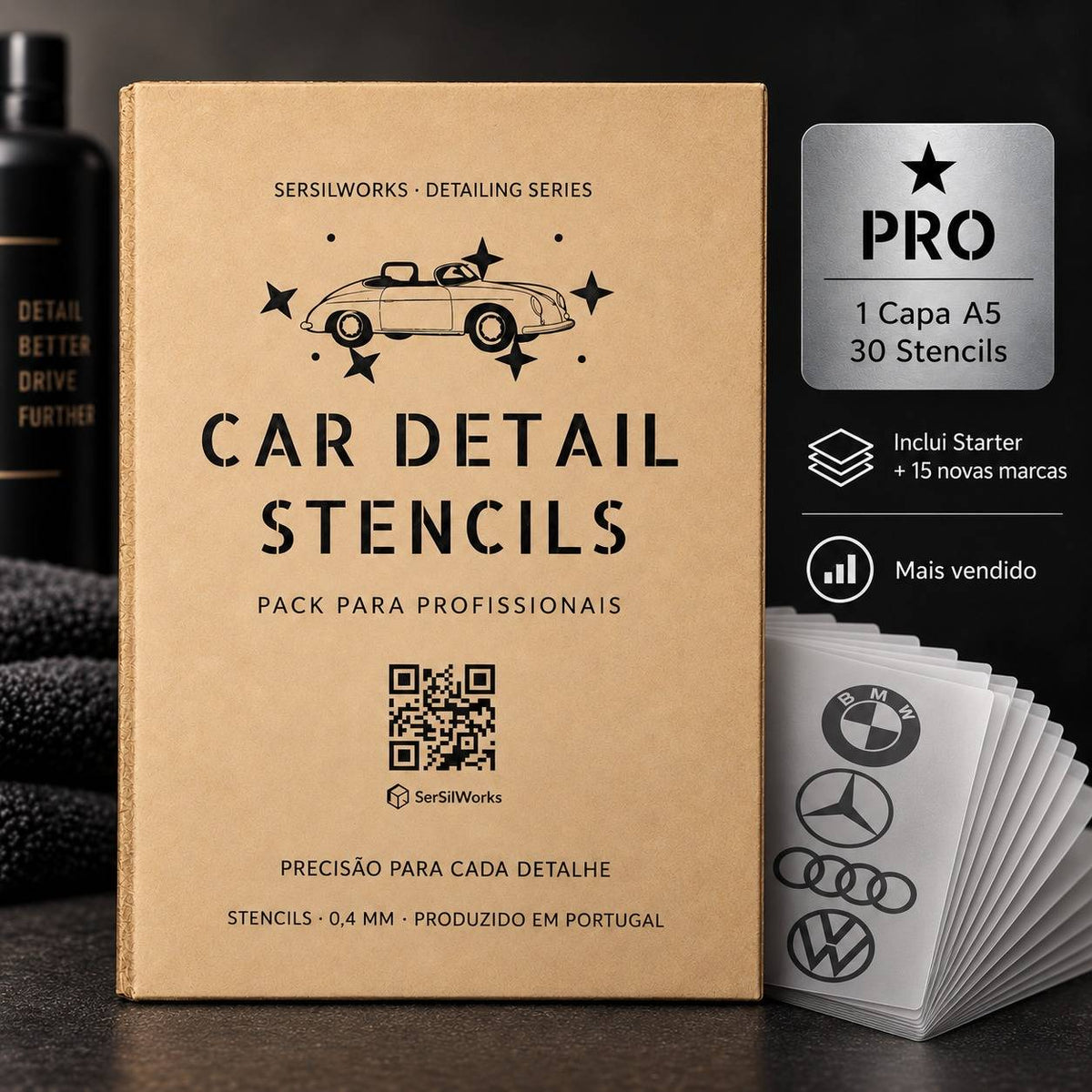 Pack Pro — capa A5 e 30 stencils para car detailing