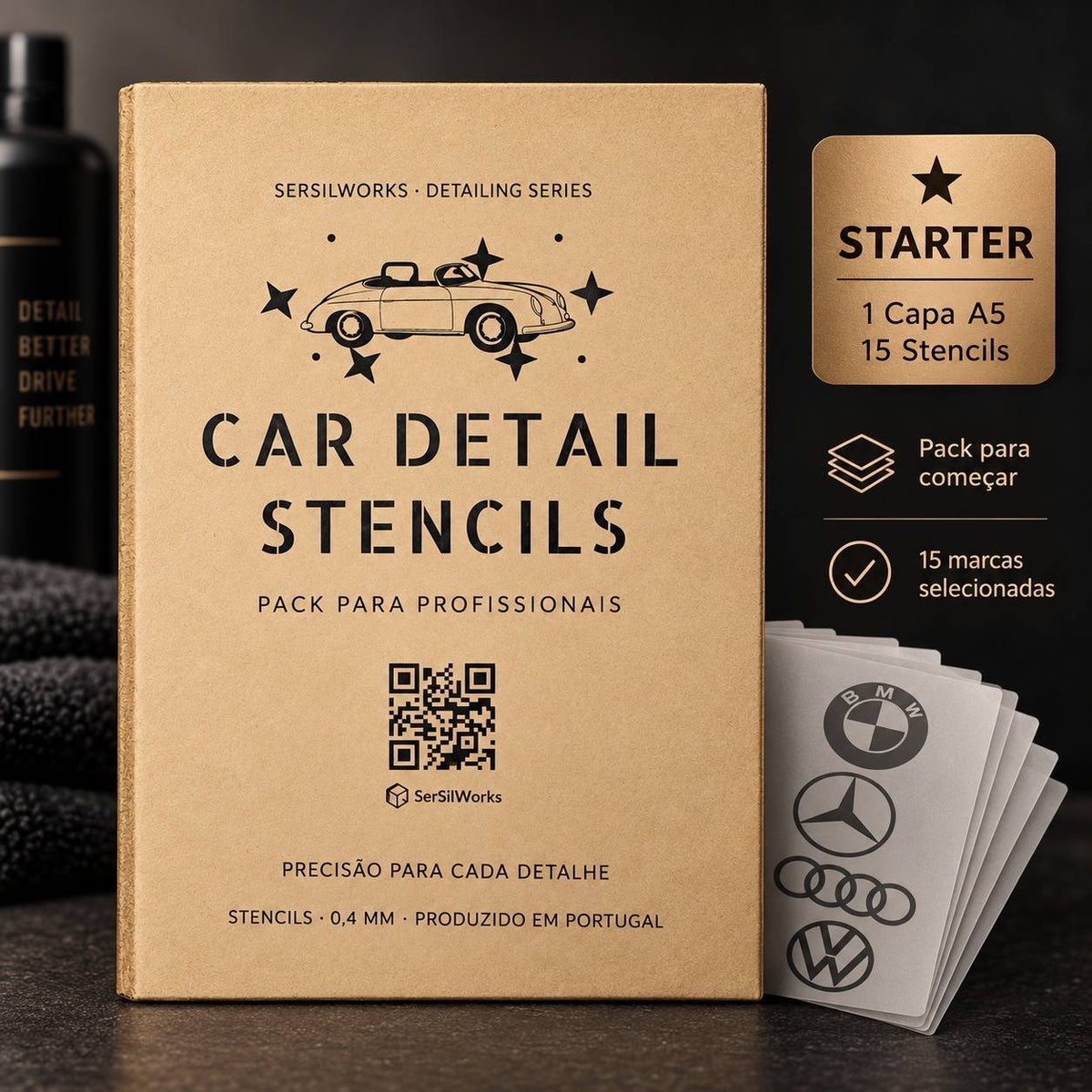 Pack Starter — capa A5 e 15 stencils para car detailing