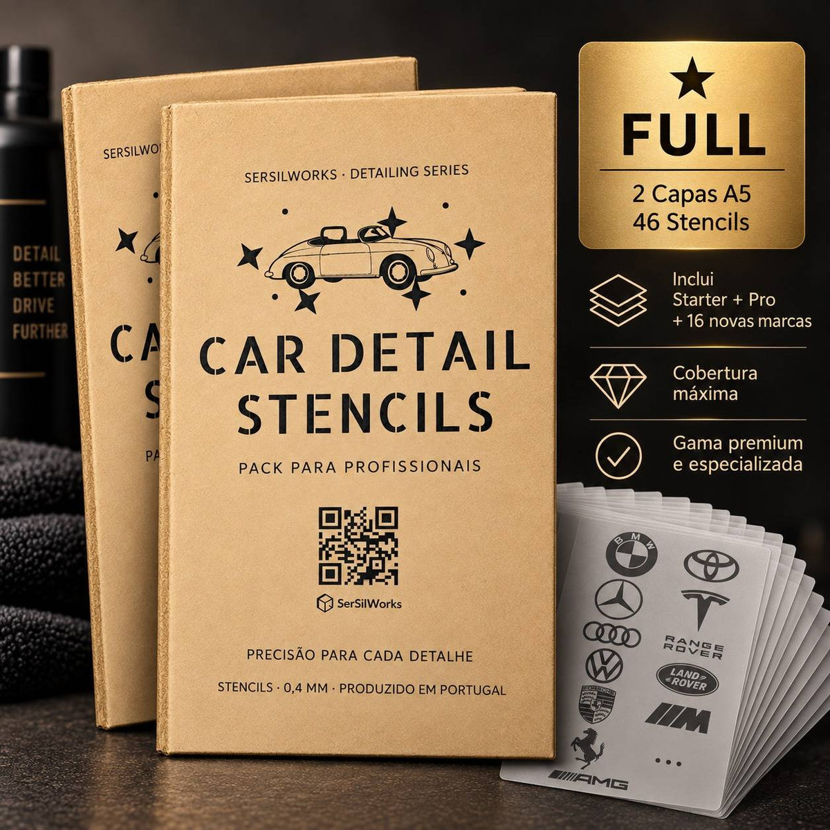 Pack Full — duas capas A5 e 46 stencils para car detailing